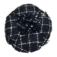 CHANEL Camellia Brooch in Black Checkered with White Fabric