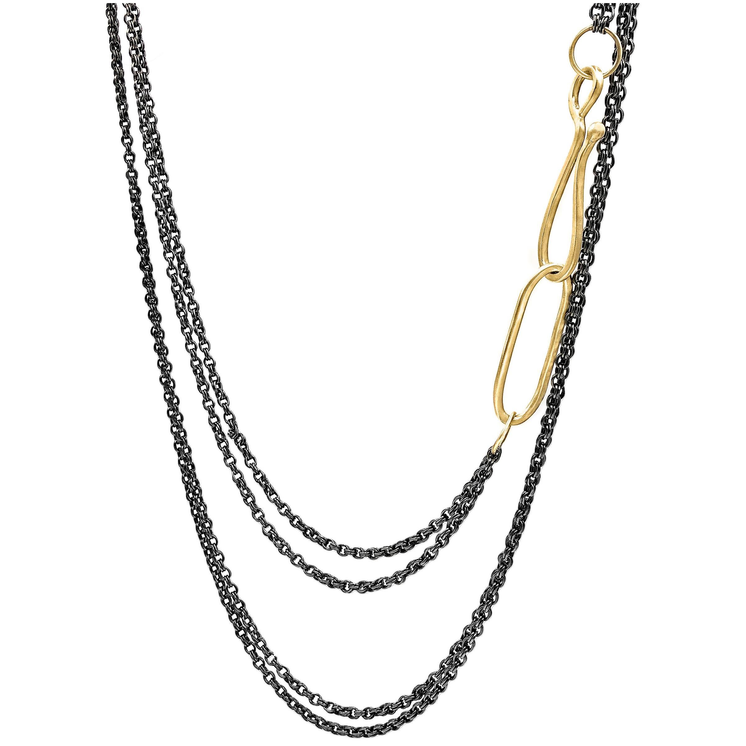Lisa Ziff Double Black Rhodium Silver Gold Link Clasp Long Layer Chain Necklace