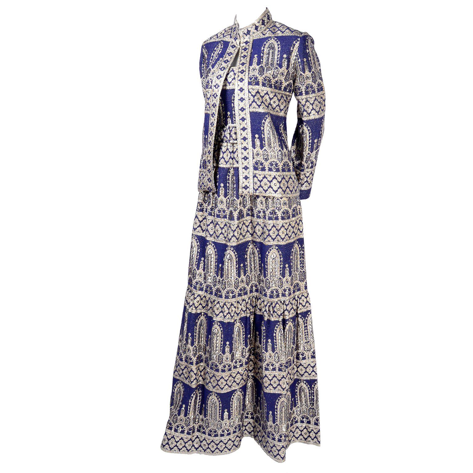 Oscar de la Renta Vintage Dress & Jacket in Royal Blue & Silver Metallic Brocade