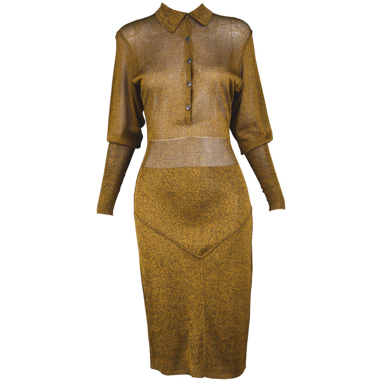 Azzedine Alaia Vintage Gold and Black Rayon Knit Long Sleeve Dress, 1980s