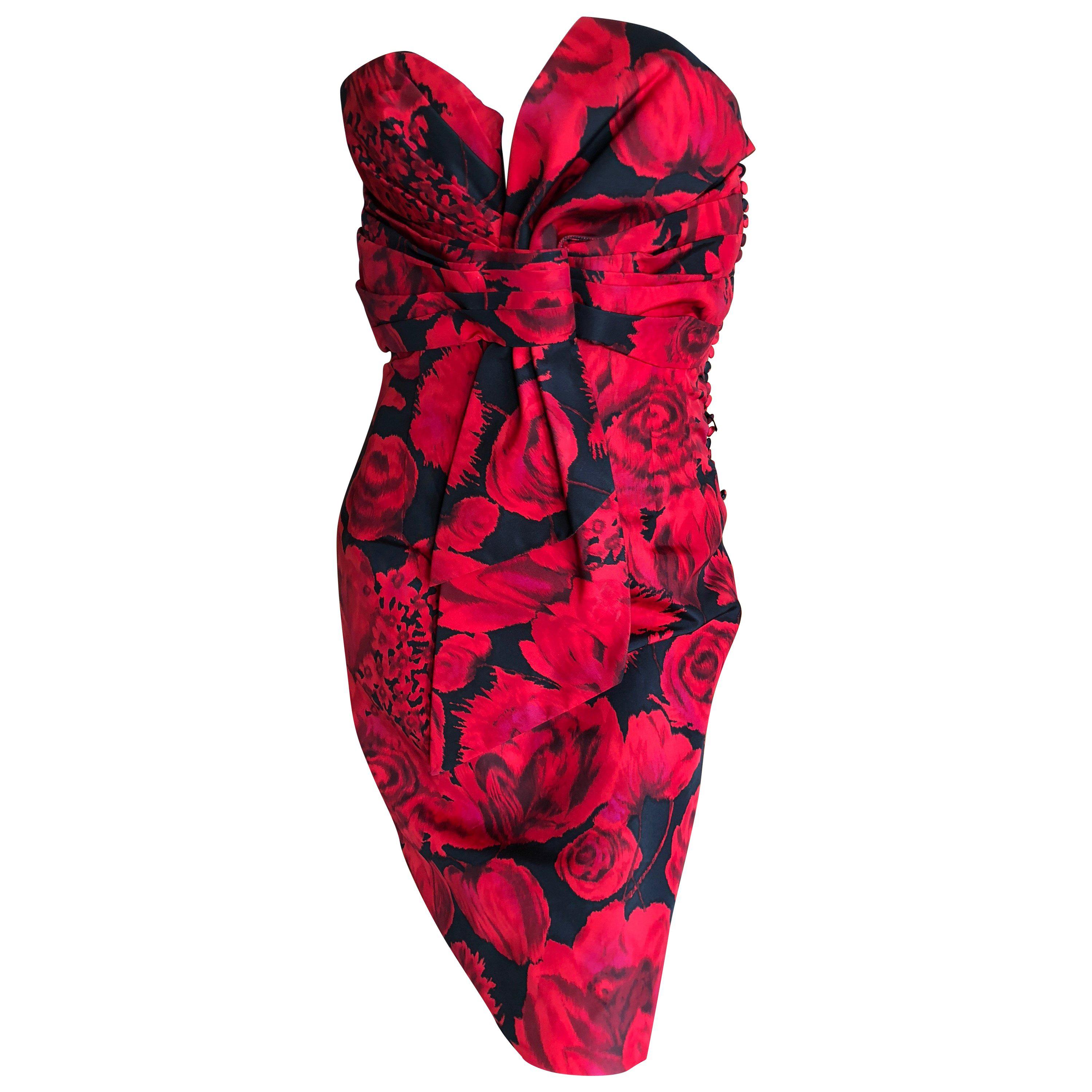 Christian Dior by John Galliano Red Floral Strapless Dress, Pre Fall 2009  For Sale