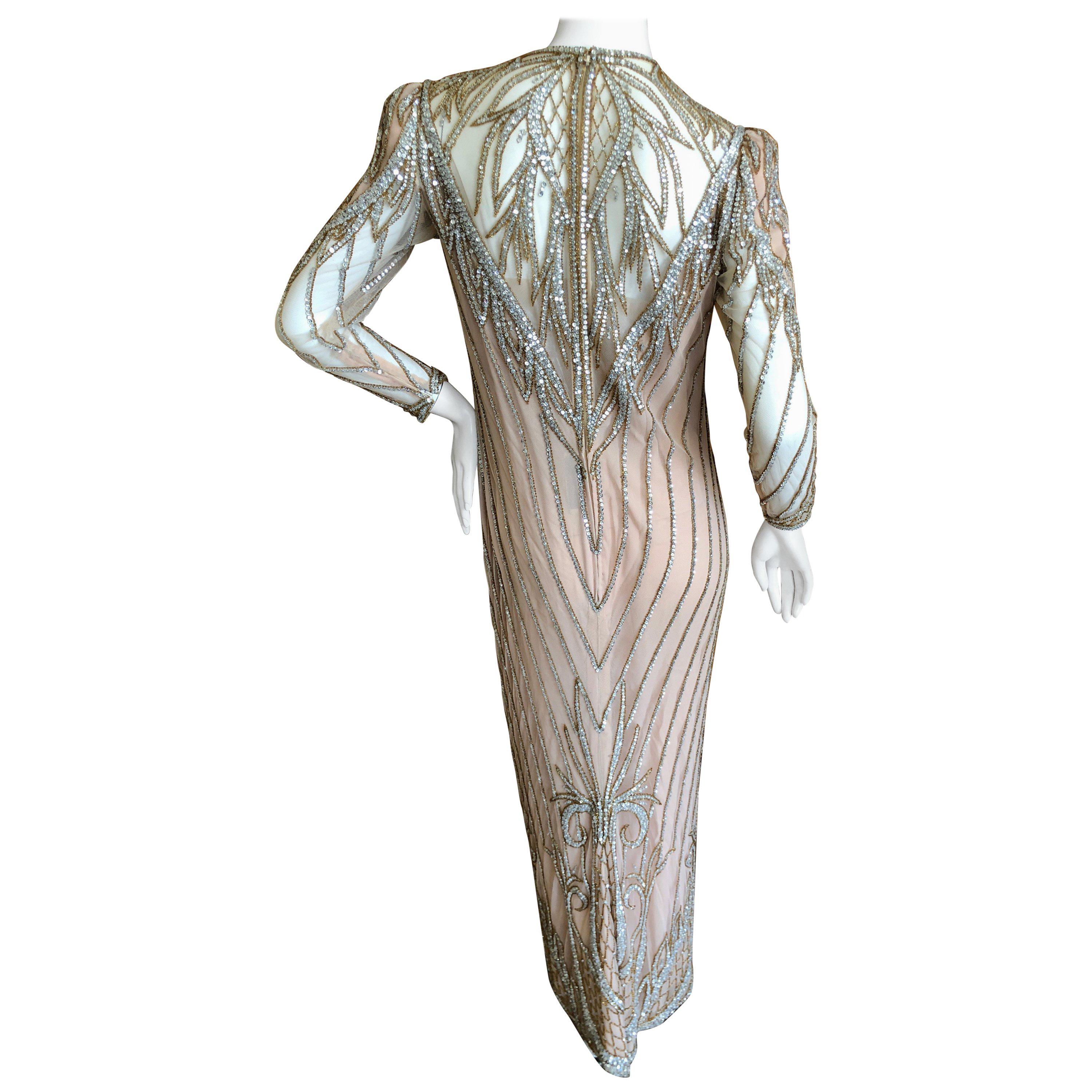Bob Mackie Nieman Marcus Crystal Beaded Sheer Evening Dress, 1980s  For Sale