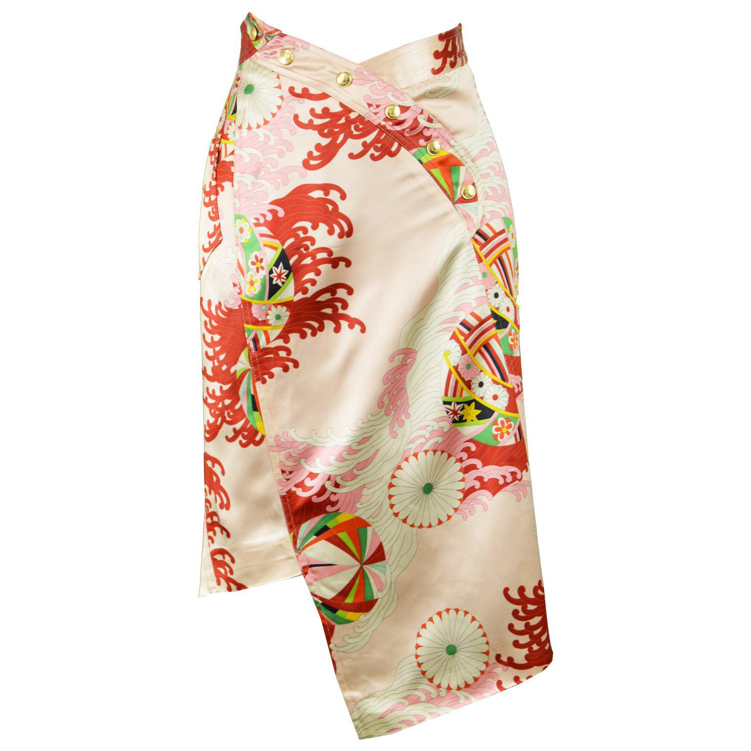 Christian Dior by John Galliano Asian Print Pink Satin Asymmetrical Skirt