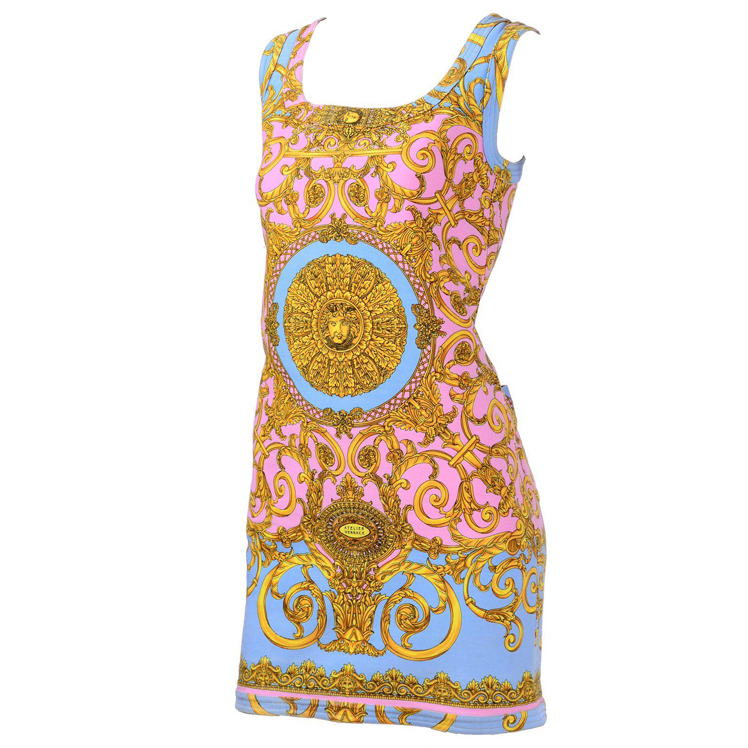 1992 VIntage Gianni Versace Dress in Pink Blue Gold Denim Atelier Medusa Print 