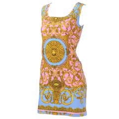 1992 Vintage Gianni Versace Dress in Pink Blue Gold Denim Atelier Medusa Print 