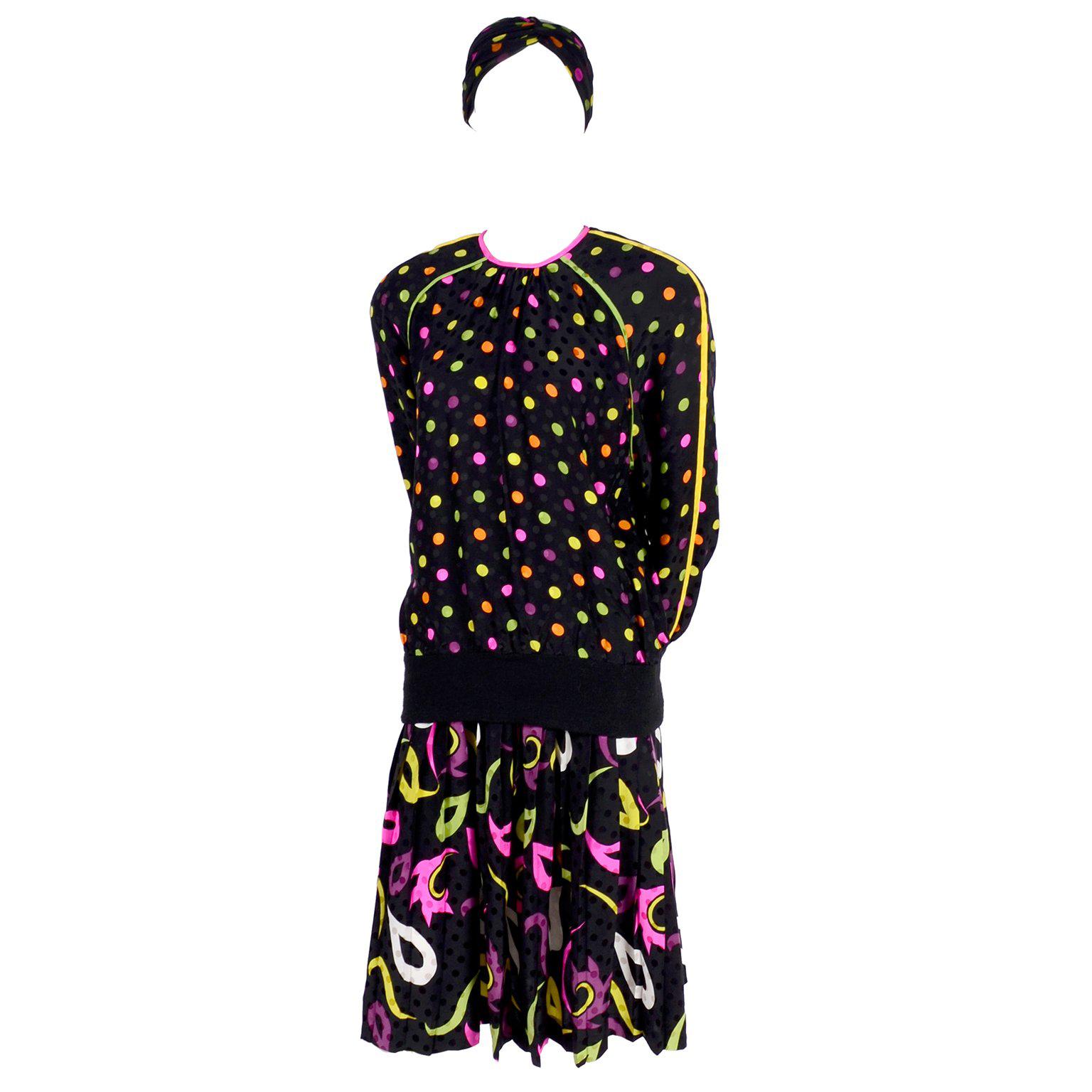 Julie Francis 1980s Silk Dress in Polka Dot Abstract Paisley Pattern Mix & Scarf