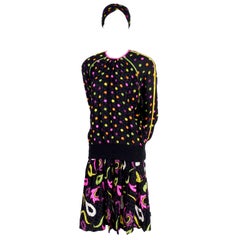 Vintage Julie Francis 1980s Silk Dress in Polka Dot Abstract Paisley Pattern Mix & Scarf