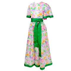 William Pearson Dress in Watercolor Floral Print Cotton & Organza W/ Green Trim