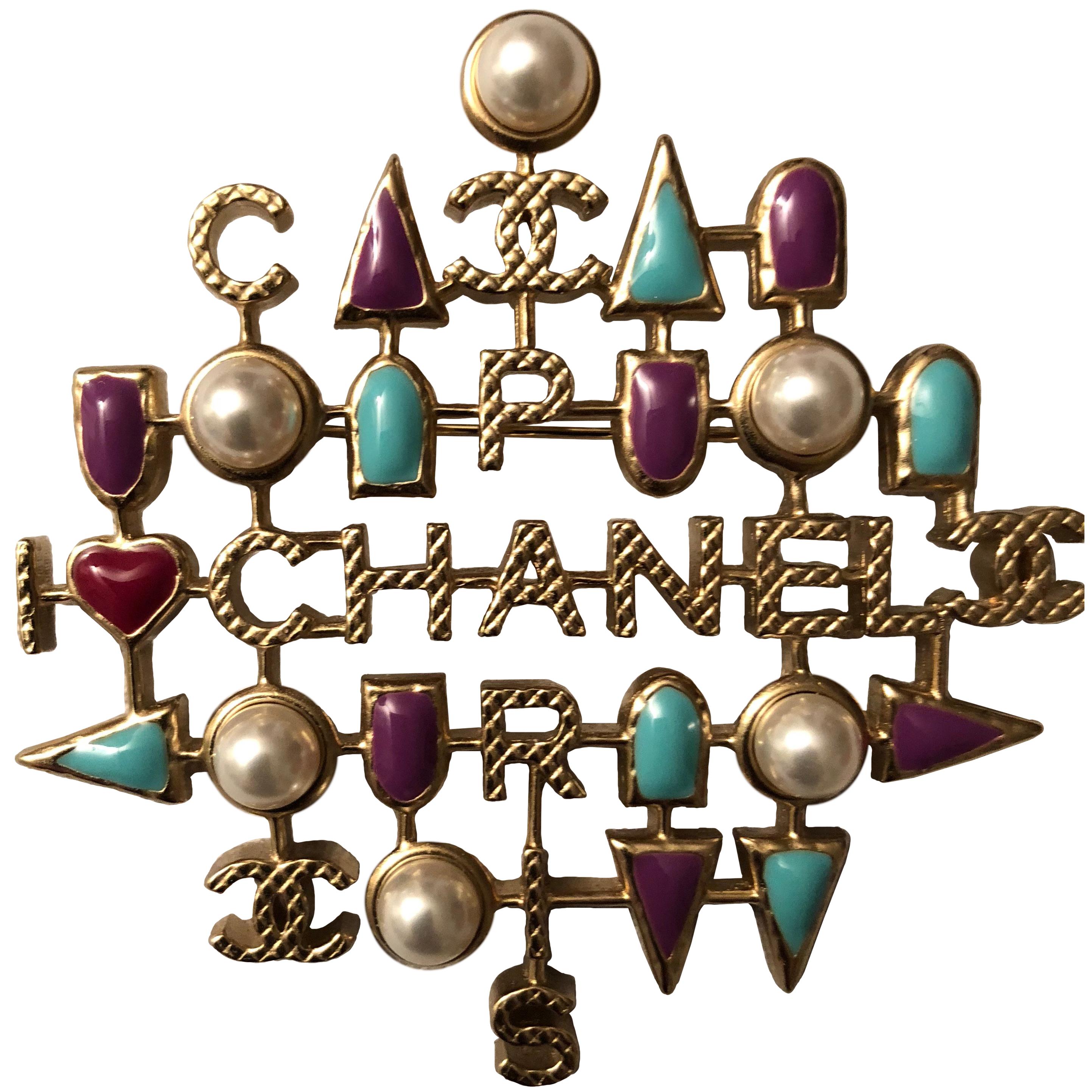 Presented here is a beautiful new pin from Chanel 2017 Spring collection. The pin measures 2.5 inches wide at the longest point where CHANEL is written out and2.5 inches high. It is a beautiful gold tone and is signed on the back. Please look at the