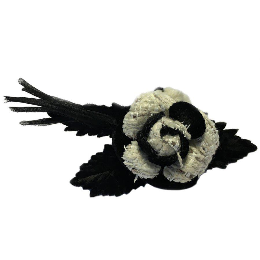 CHANEL Camellia Brooch in White Tweed and Black fabric