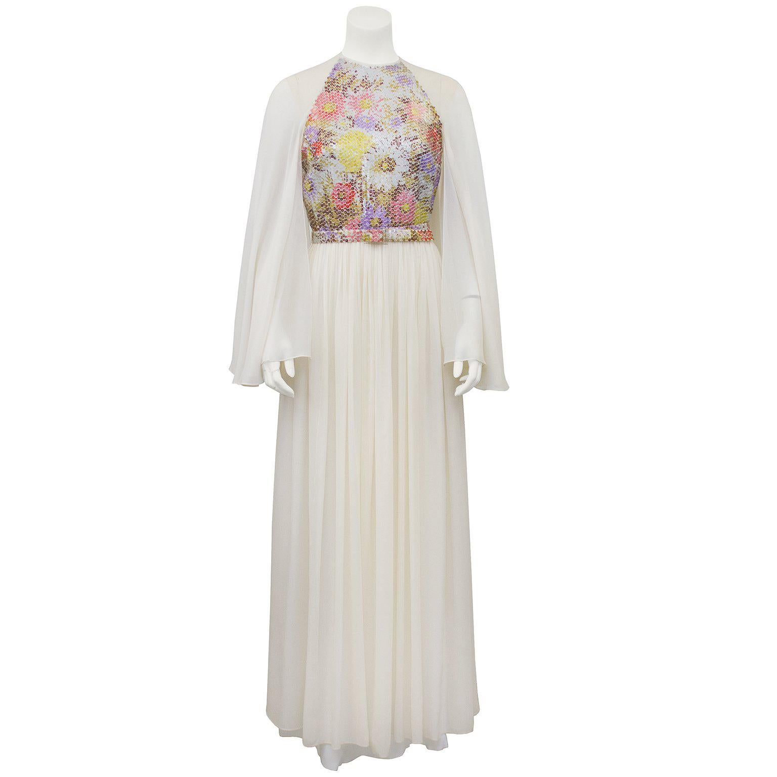 1970s Saks Fifth Avenue White Chiffon and Sequin Butterfly Gown