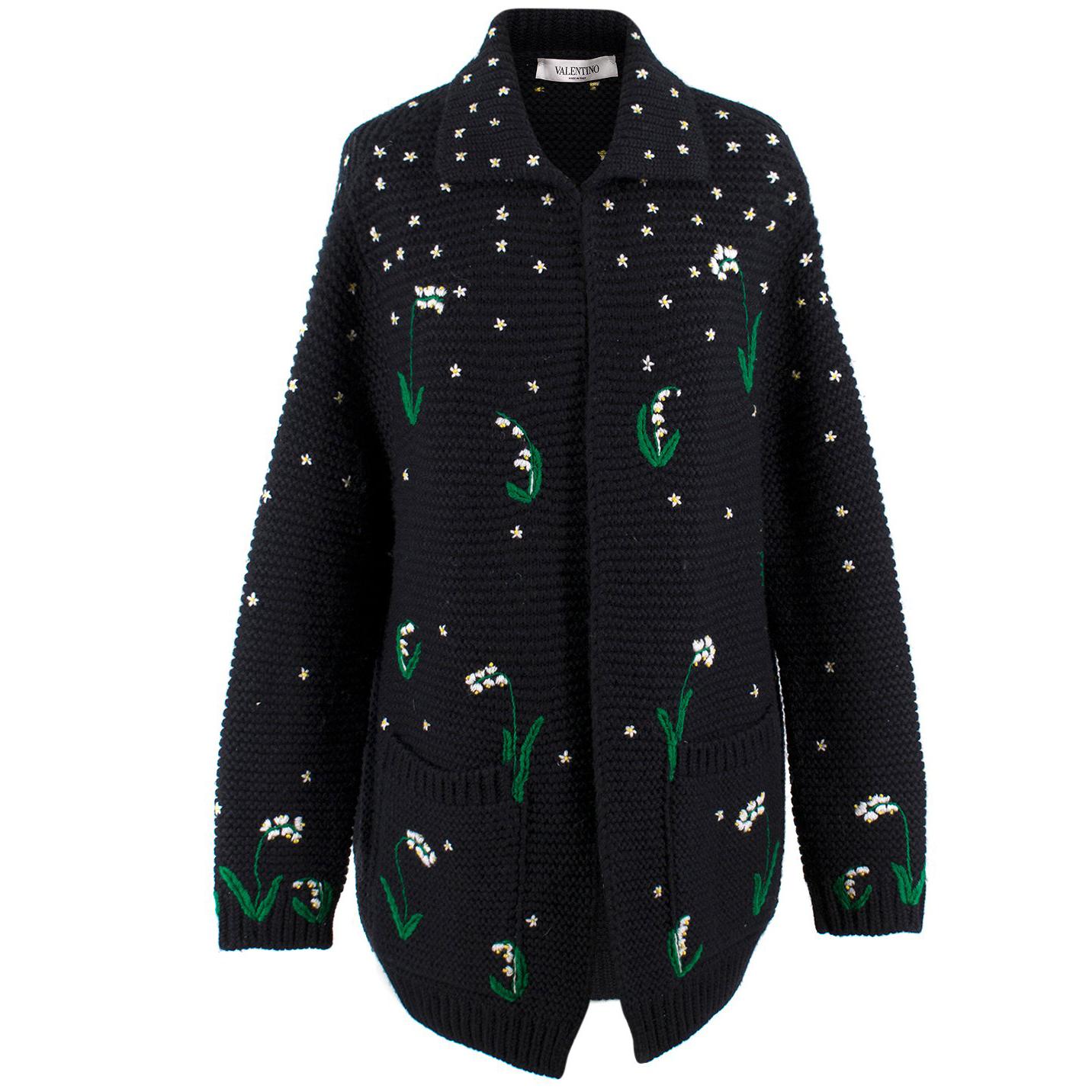 Valentino Black Wool Embroidered Floral Cardigan US size 6 For Sale