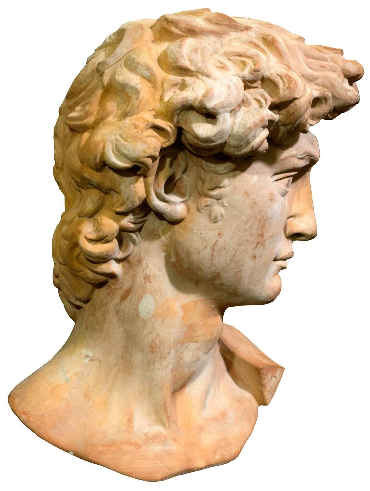 Italian Monumental Terra Cotta Bust of David After Michaelangelo
