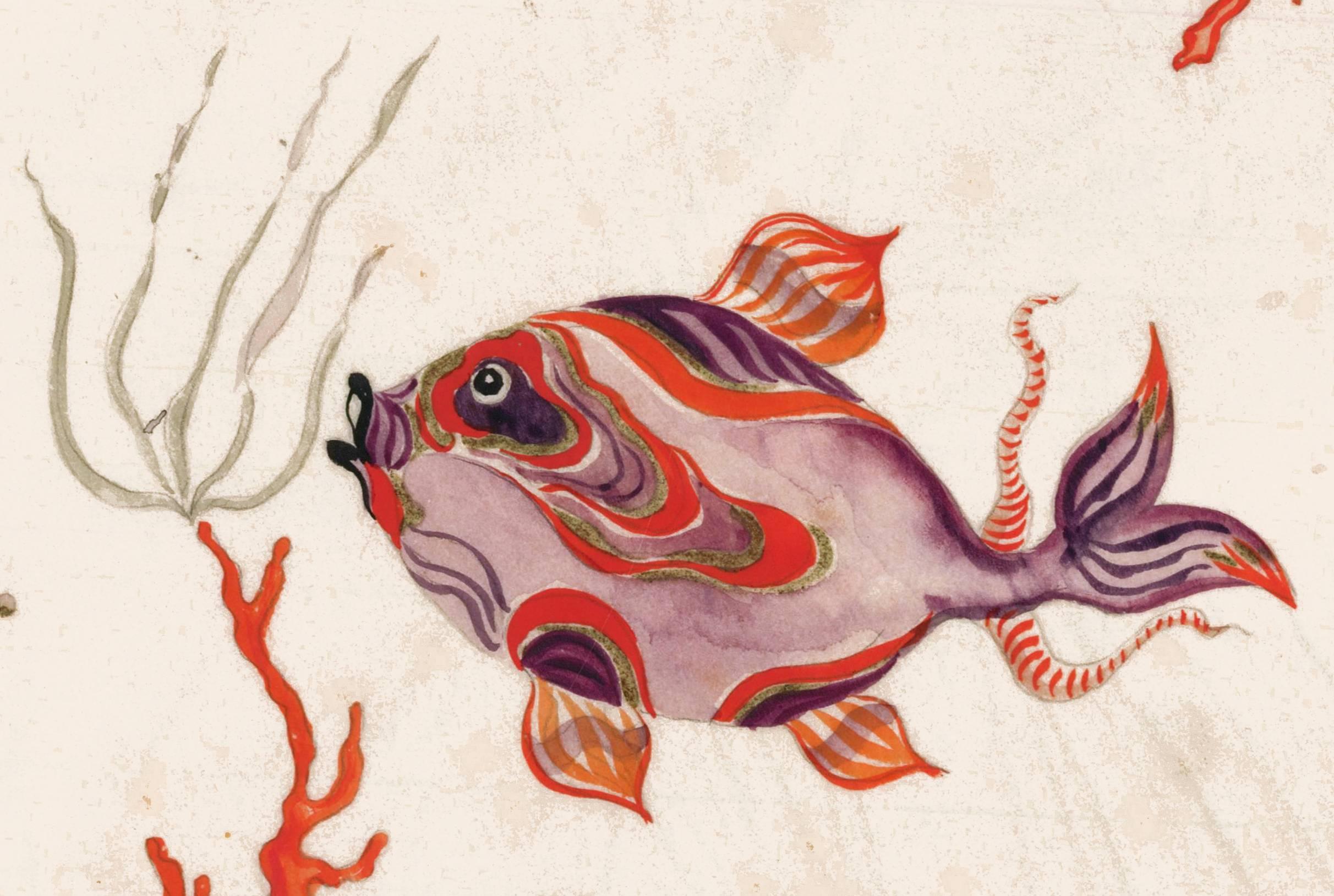 Original gouache of a fish and coral by Wiener Werkstatte artist, Ena Rottenberg. Signed with her initials on the lower right edge of the image. Likely a design for a porcelain plate. Rottenberg (1893-1962) was a student of Michael Powolny at the