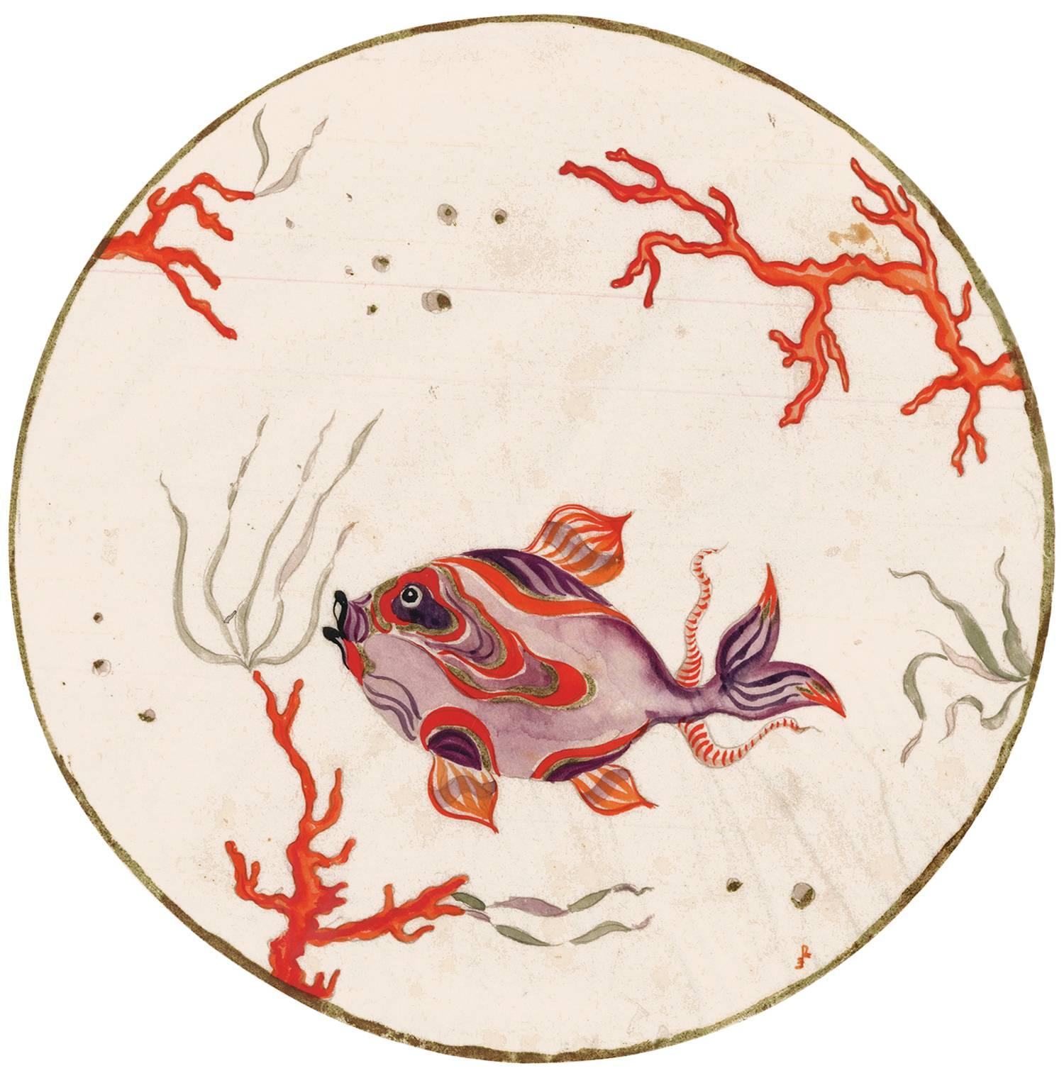 Original-Gouache eines Fisches und einer Koralle von der Künstlerin der Wiener Werkstätte, Ena Rottenberg. Signiert mit ihren Initialen am unteren rechten Rand des Bildes. Wahrscheinlich ein Entwurf für einen Porzellanteller. Rottenberg (1893-1962)
