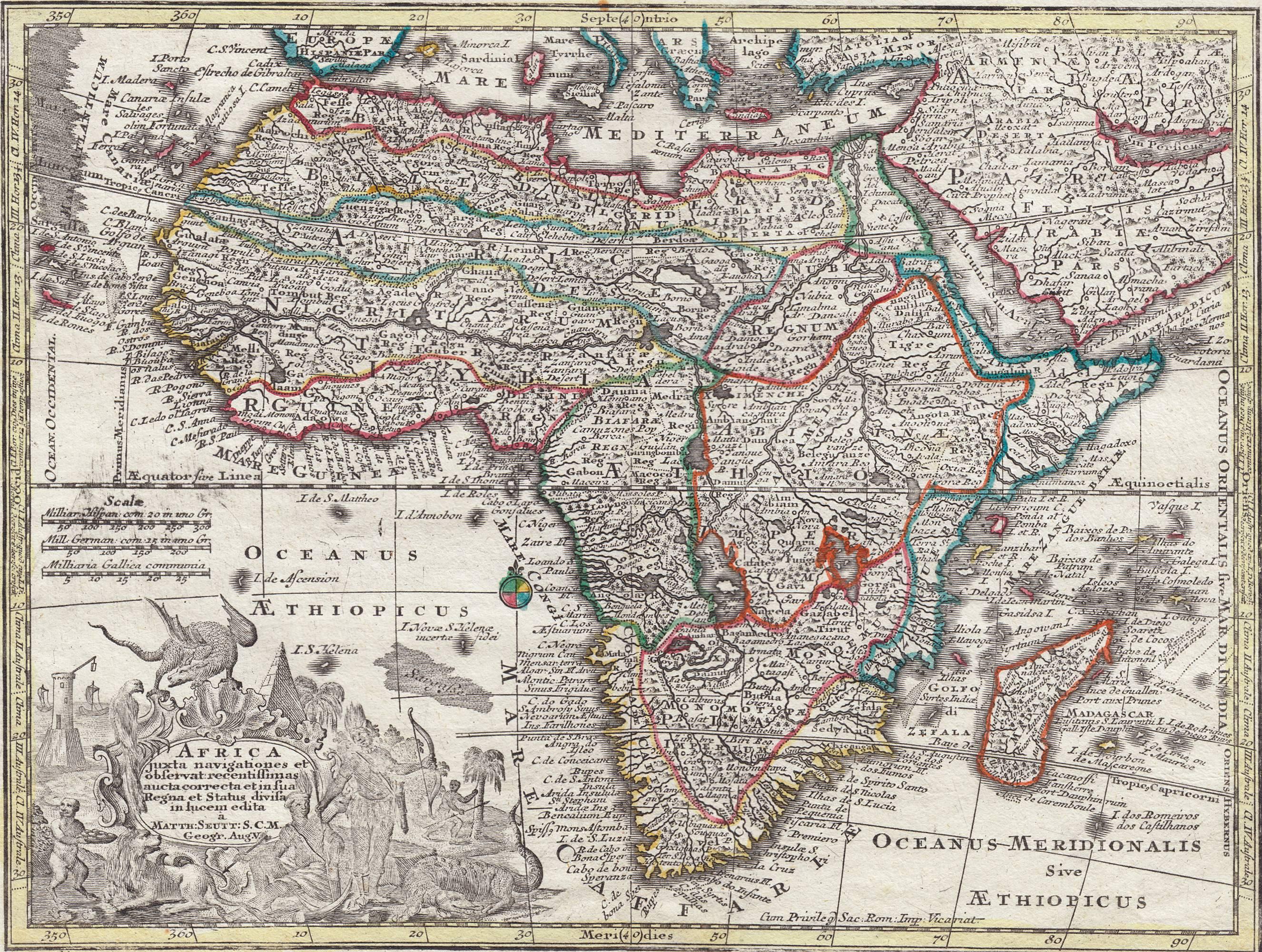 Seutter, Matthew. 
Africa.
From Atlas minor praecipua Terrarum Imperia...
Augsburg, circa 1744. 
Original engraving with old hand-coloring.
Image size: 7 5/8 x 10 1/8 inches.