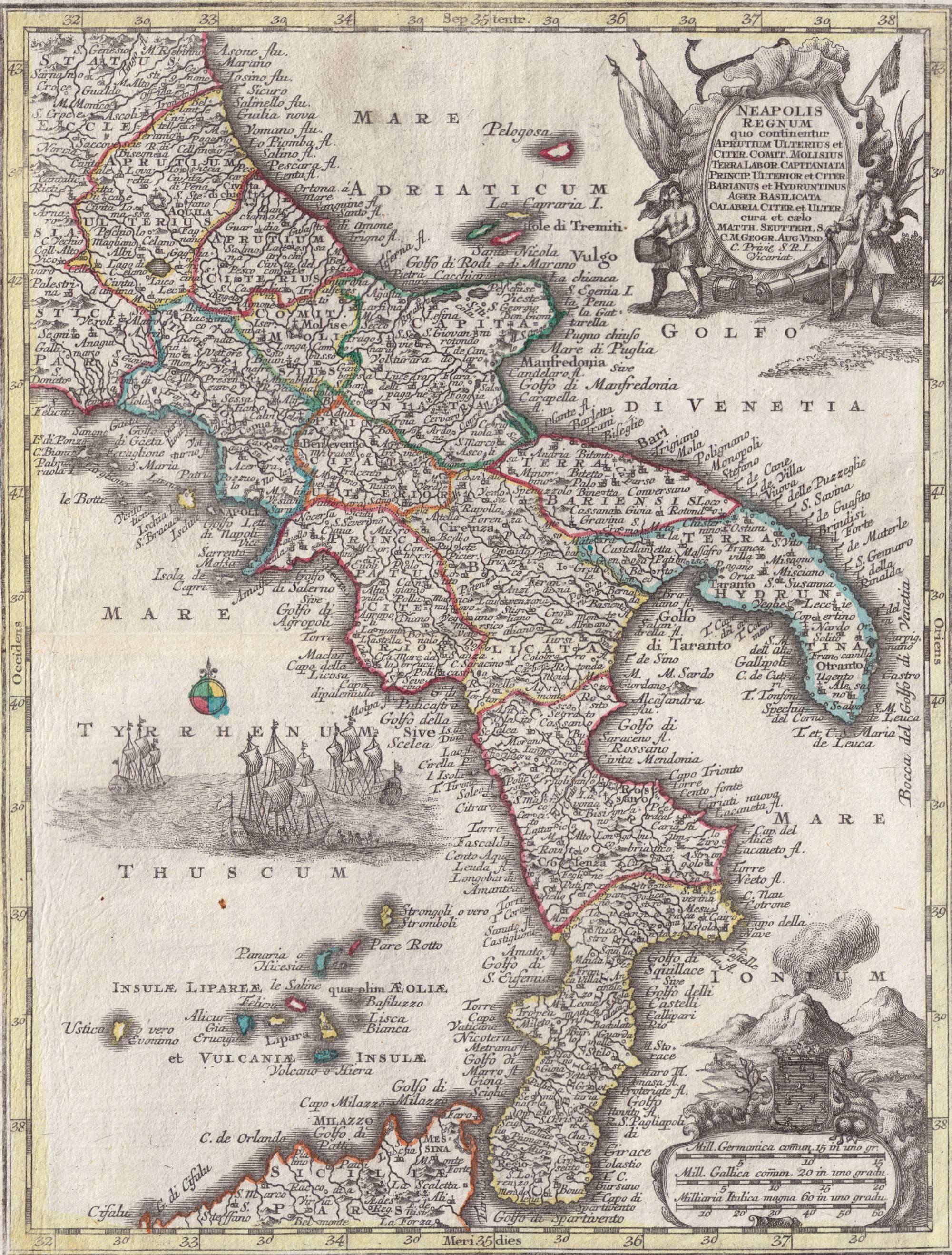 Carte colorée à la main de l'Italie du Sud, datant d'environ 1744 en vente 2