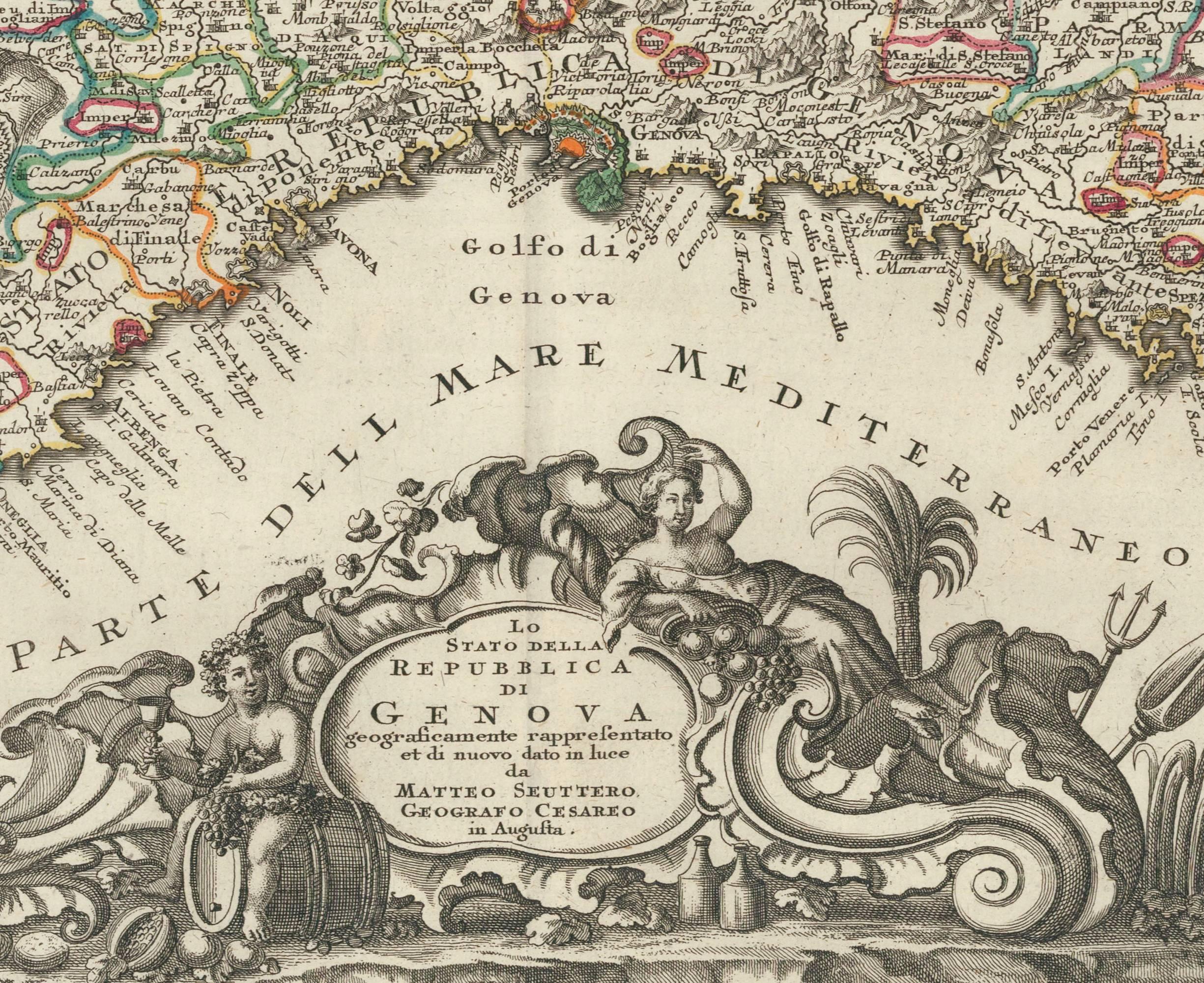 Seutter, Matthew. 
Genova [Gênes].
De l'Atlas minor praecipua Terrarum Imperia...
Augsbourg, vers 1744. 
Gravure originale avec coloration ancienne à la main.
Taille de l'image : 7 5/8 x 10 pouces.