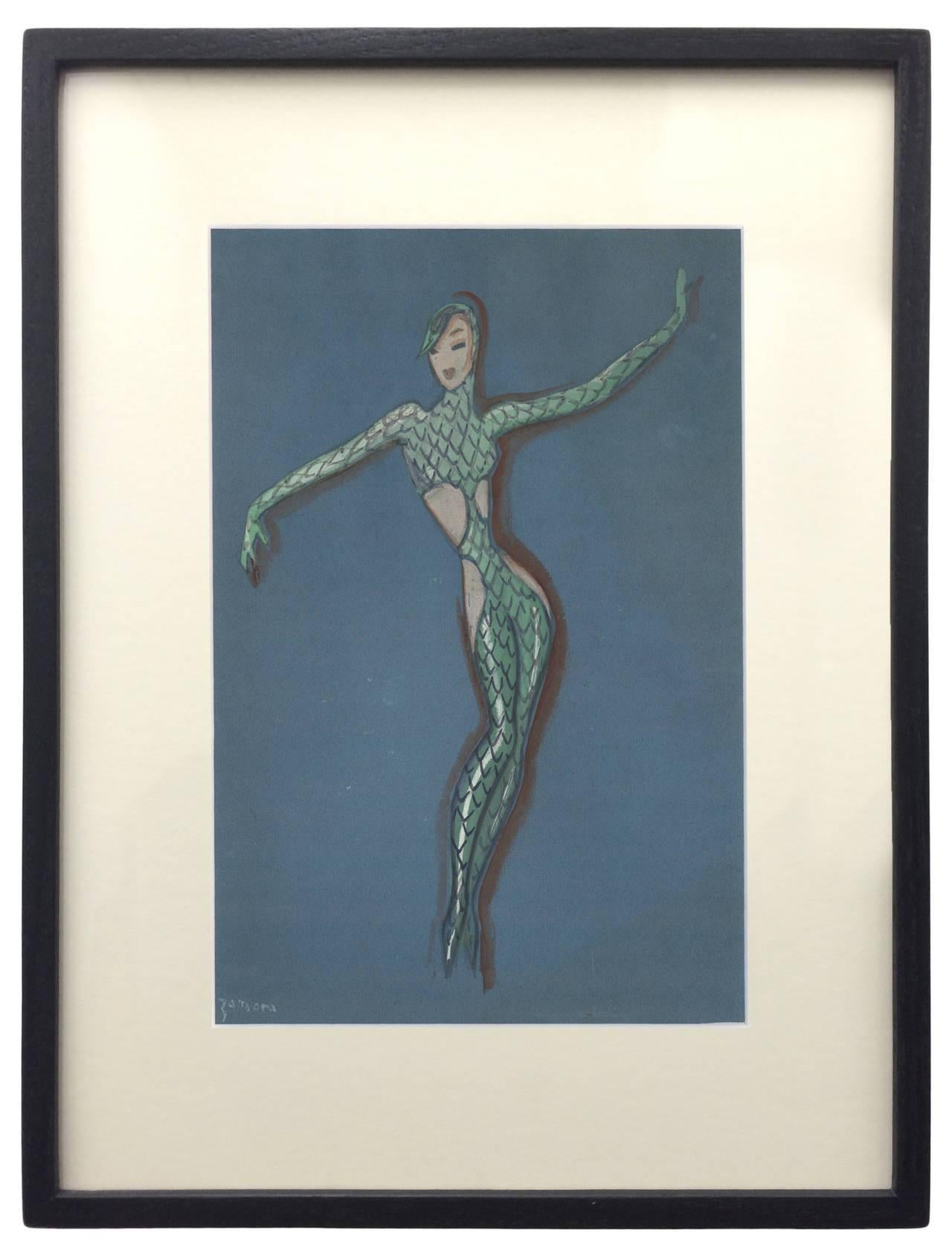 Original gouache on heavy blue paper. Framed in an artisanally-crafted, Chinese-ink-stained frame with an archival mat and OP3 acrylic. José de Zamora (1890-1971) was a Spanish writer, designer and illustrator who lived in Paris and studied under