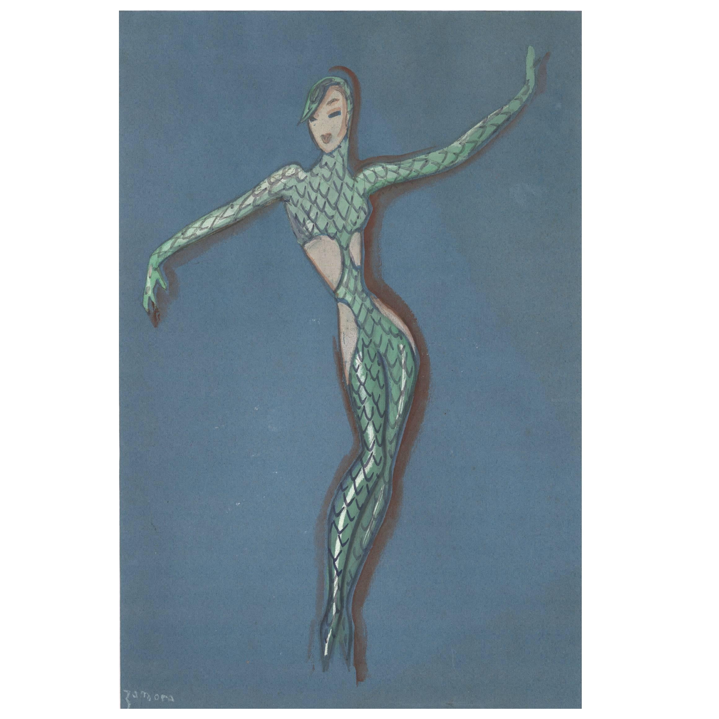 Mermaid Bodysuit Costume Illustration by José de Zamora – Painting von José de Zamora