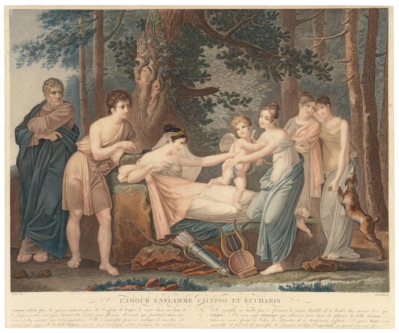 [The Adventures of Telemachus], a set of six original stipple engravings, printed in color and finished by hand at publication, after Pierre-Jérôme Lordon (1780-1838). Printed in Paris by Benoist, Bertrand, et al., circa 1820. Each sheet 15 1/4 x