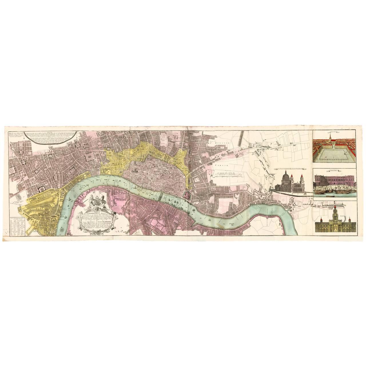 Hand-Colored Panoramic Map of London, 1736 - Art by Unknown