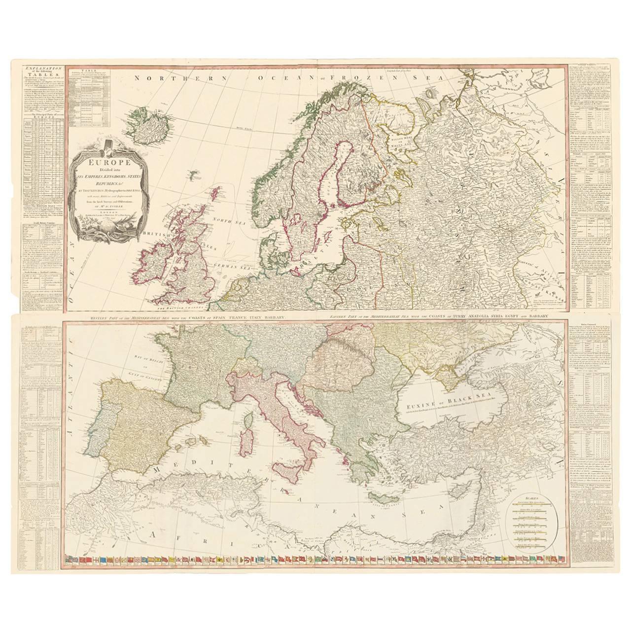 Two-Part Large Hand-Colored Map of Europe from 1798 - Art by Thomas Kitchin