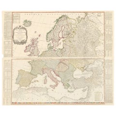 Antique Two-Part Large Hand-Colored Map of Europe from 1798