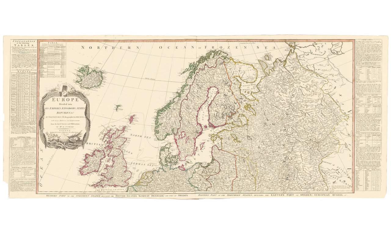 Karte von Europa, gedruckt auf zwei separaten Blättern aus A New Universal Atlas von Thomas Kitchin. Veröffentlicht in London von Laurie & Whittle, 1798. Originalstiche bei der Veröffentlichung handkoloriert. Jedes Blatt ist 21 1/4