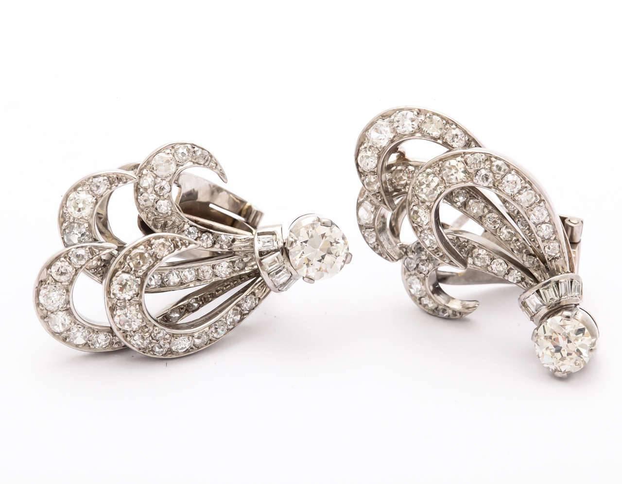Women's Retro Diamond and Platinum 'Feather' Earrings For Sale