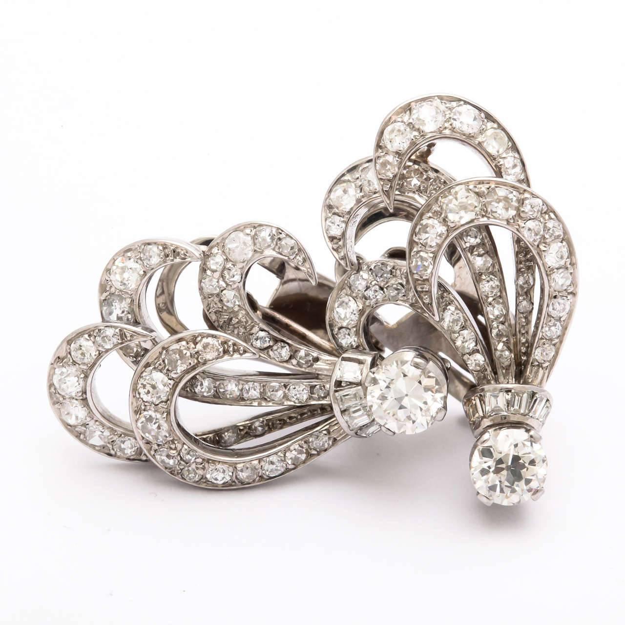Retro Diamond and Platinum 'Feather' Earrings In Good Condition For Sale In New York, NY