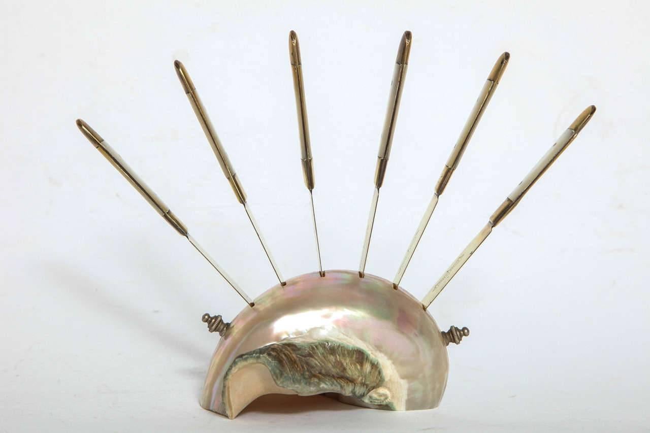 Mother-of-pearl and Bronze Pate Knife Set on a Shell In Excellent Condition In New York, NY