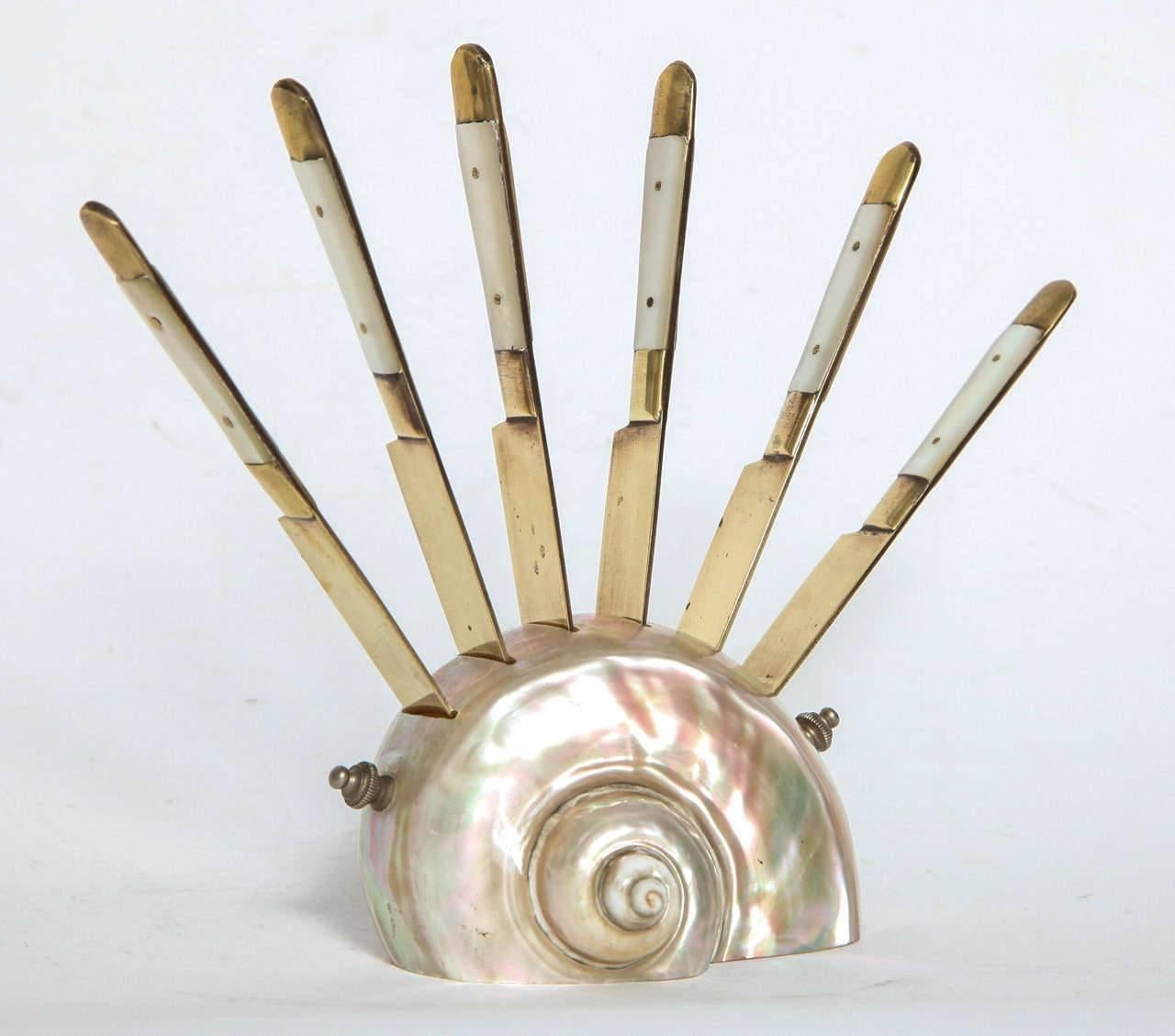 Women's or Men's Mother-of-pearl and Bronze Pate Knife Set on a Shell