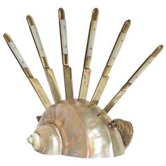 Mother-of-pearl and Bronze Pate Knife Set on a Shell