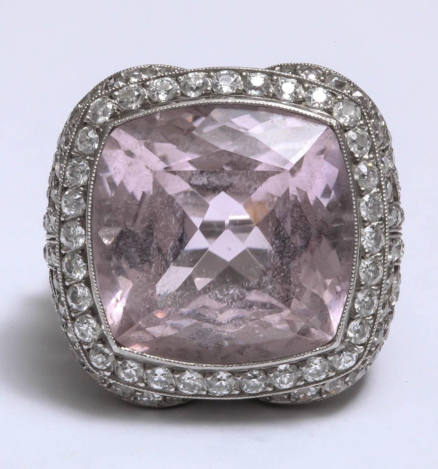 Rare Vintage Kunzite and Diamond Platinum Ring For Sale at 1stdibs