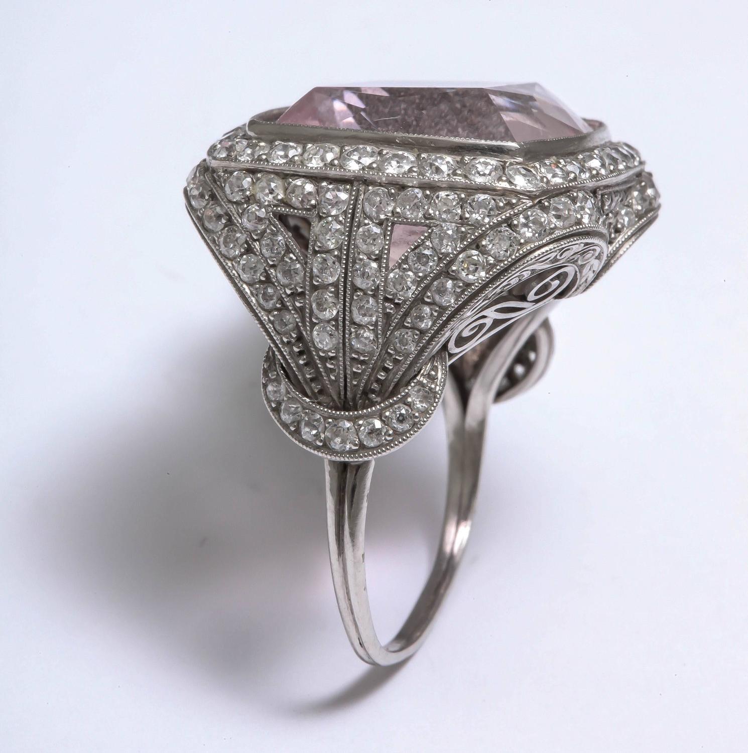 Rare Vintage Kunzite and Diamond Platinum Ring For Sale at 1stdibs