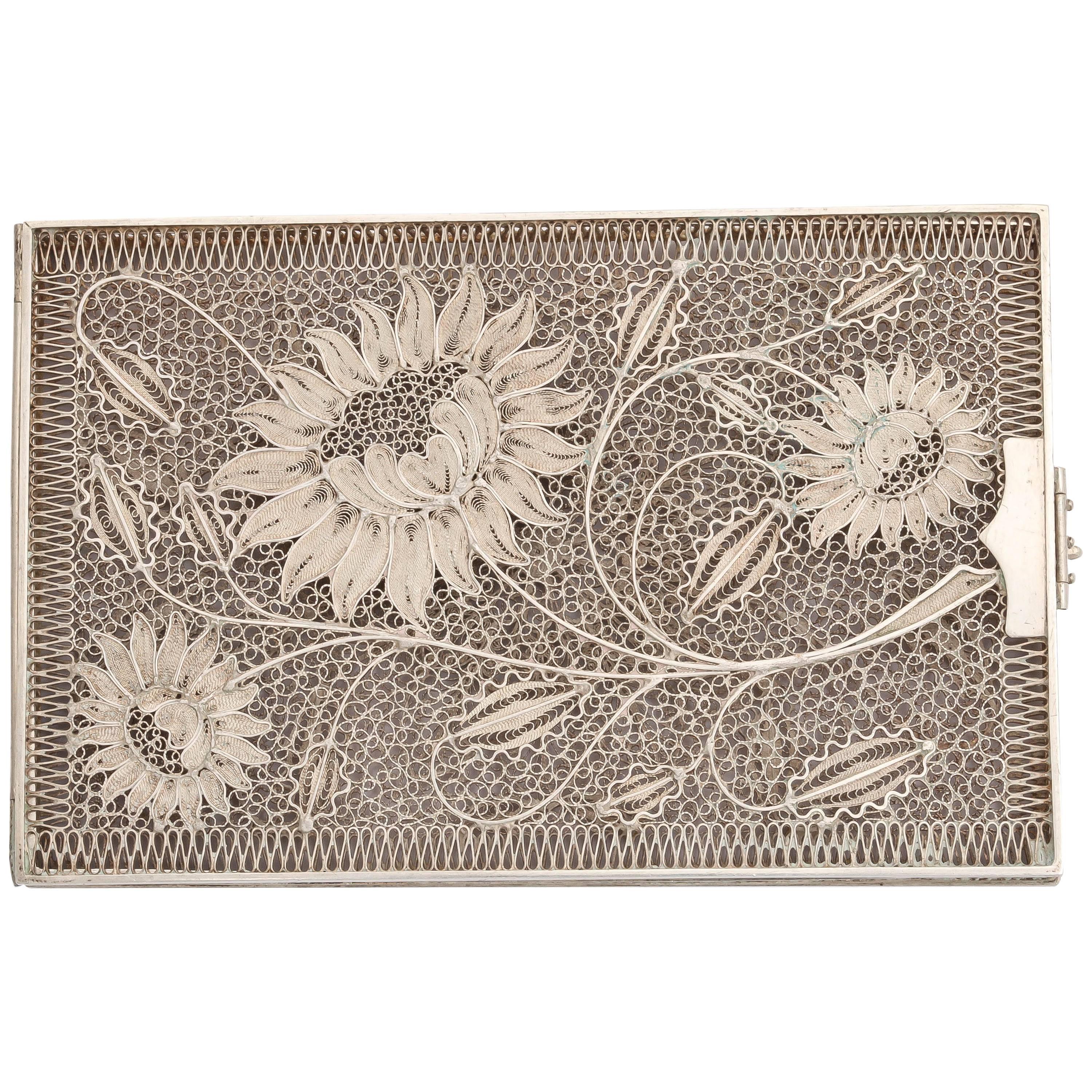 Sterling Silver Floral Filigree Card Case For Sale