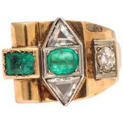 Retro Emerald and Diamond 18-Karat Gold Ring