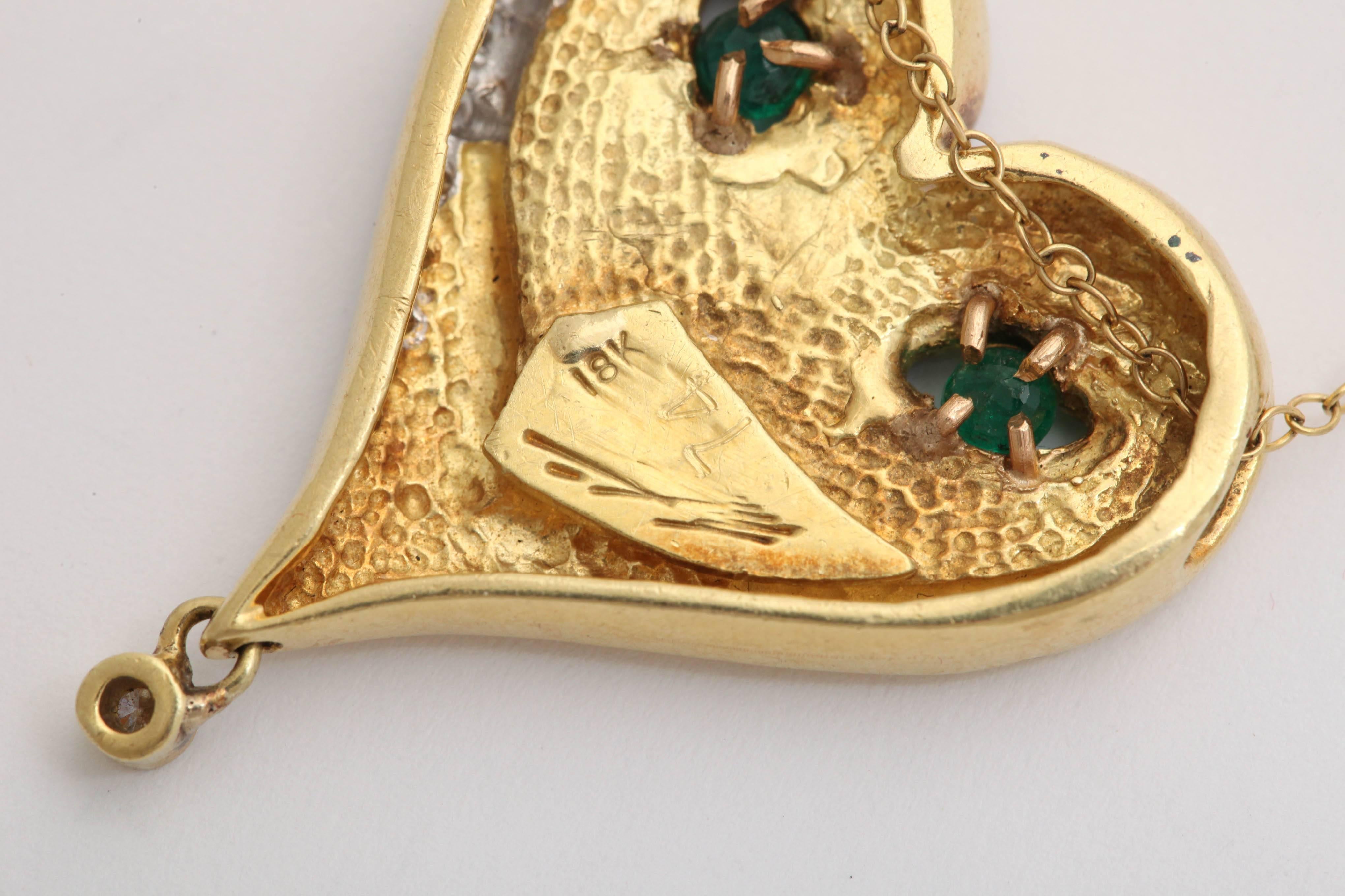 Women's or Men's Erte Gold Heart Mask Necklace Diamonds and Emeralds