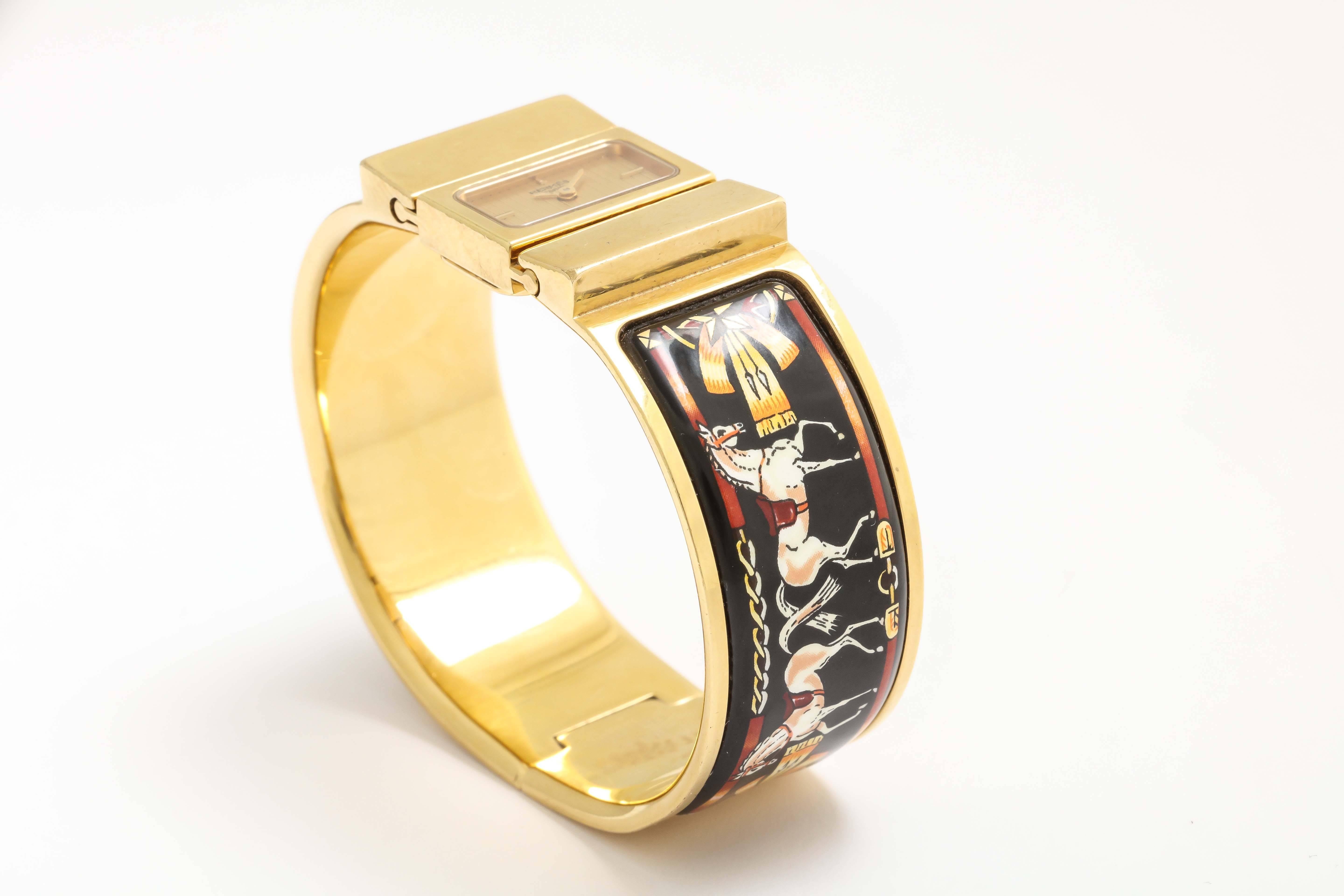 Hermes Equestrian Design Enamel Bangle Watch In Good Condition For Sale In New York, NY