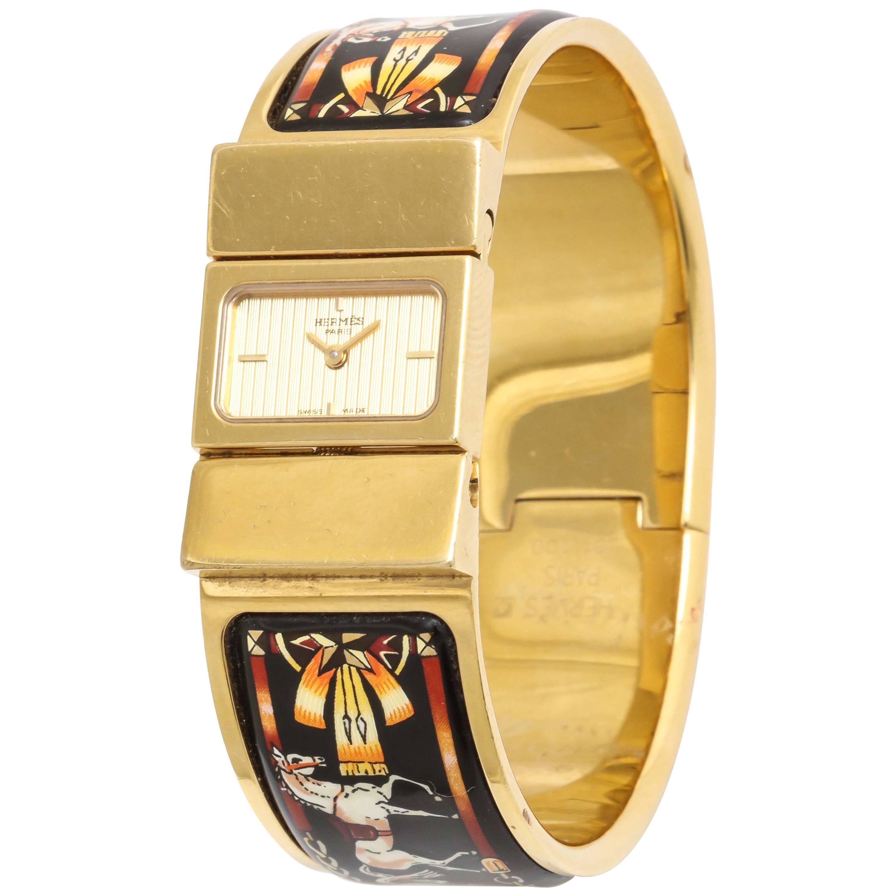 Hermes Equestrian Design Enamel Bangle Watch For Sale