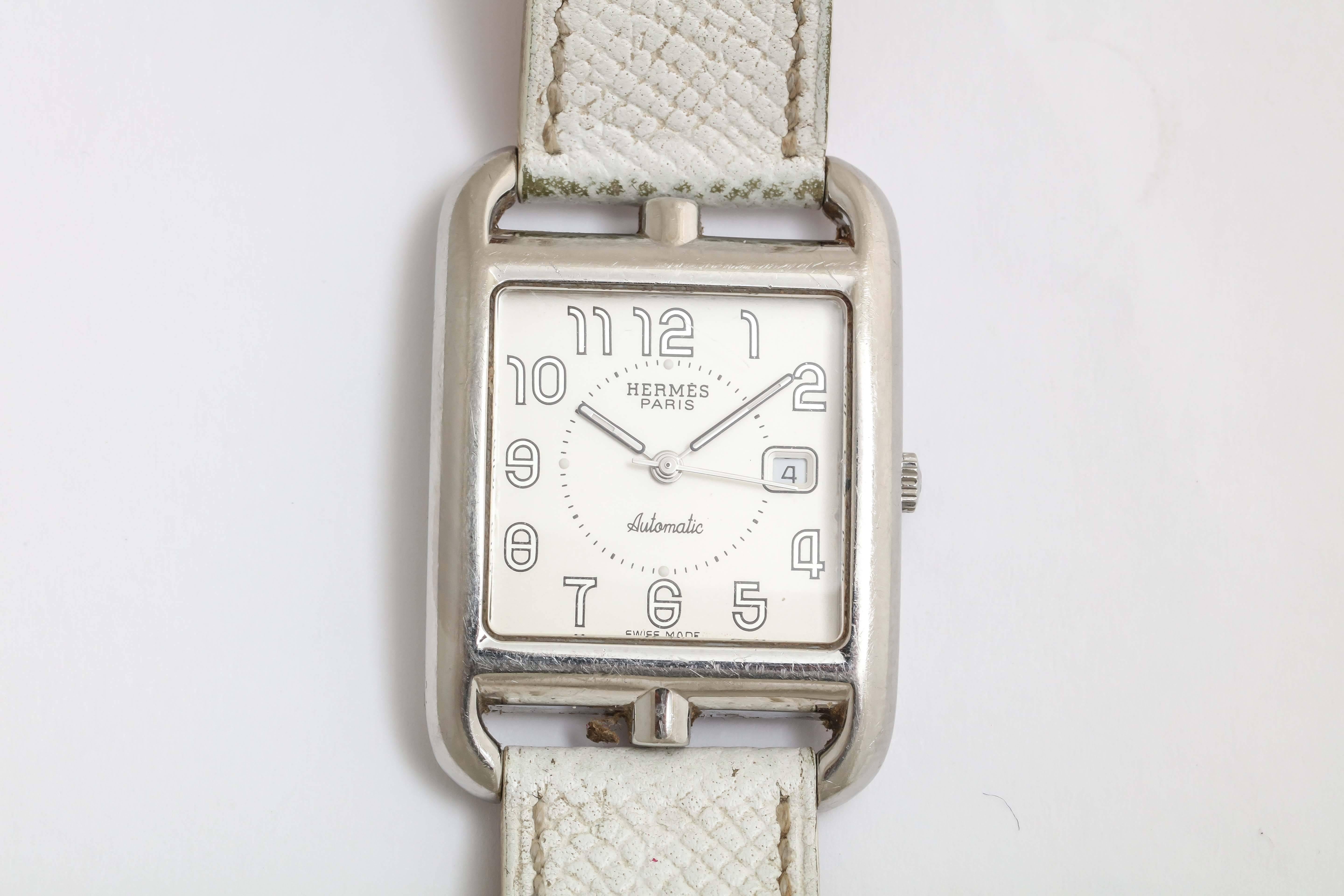 Hermes Cape Cod Automatic White Double Strap In Good Condition For Sale In New York, NY