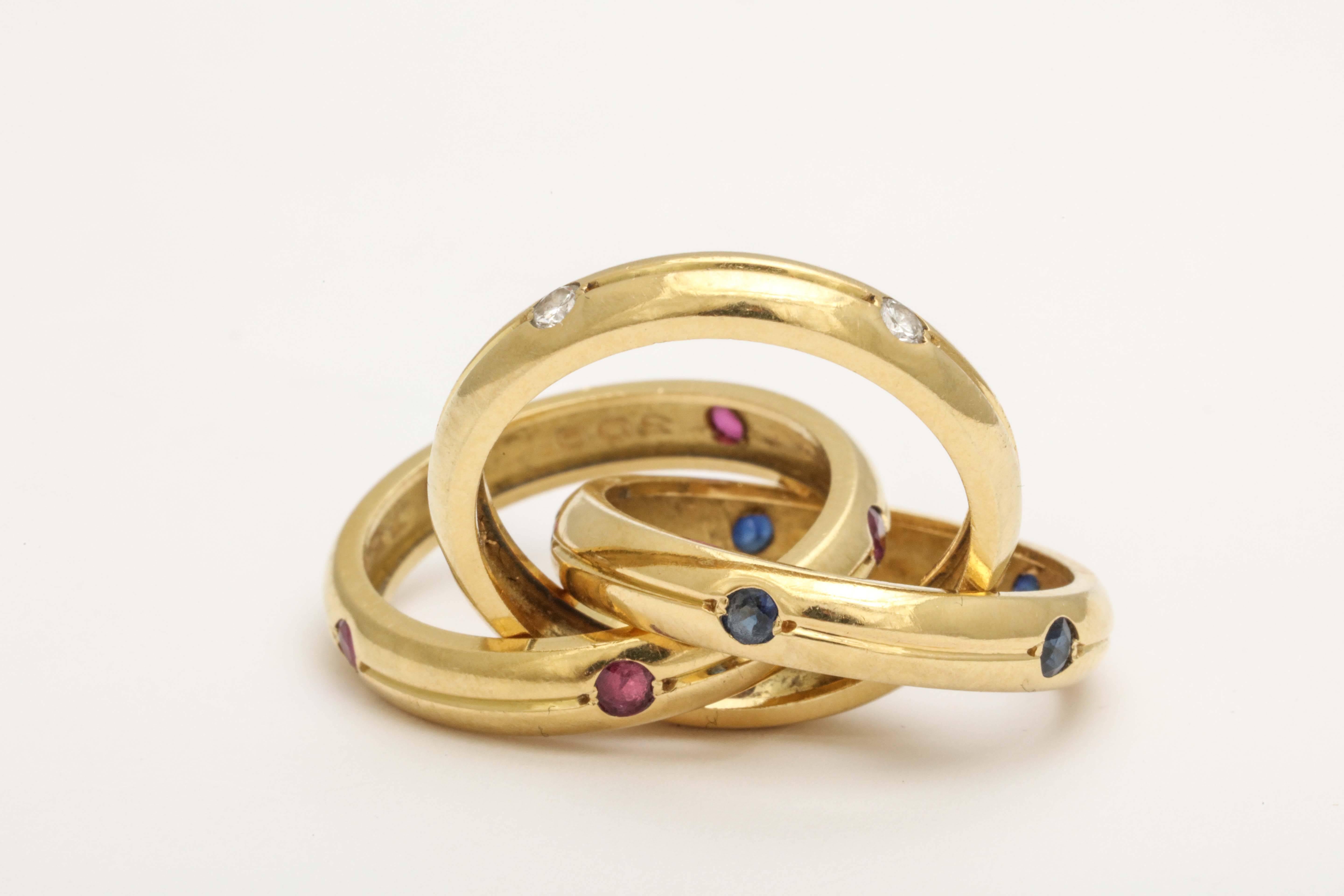 Art Deco Vintage Cartier Ruby, Diamond and Sapphire Gold Trinity Ring