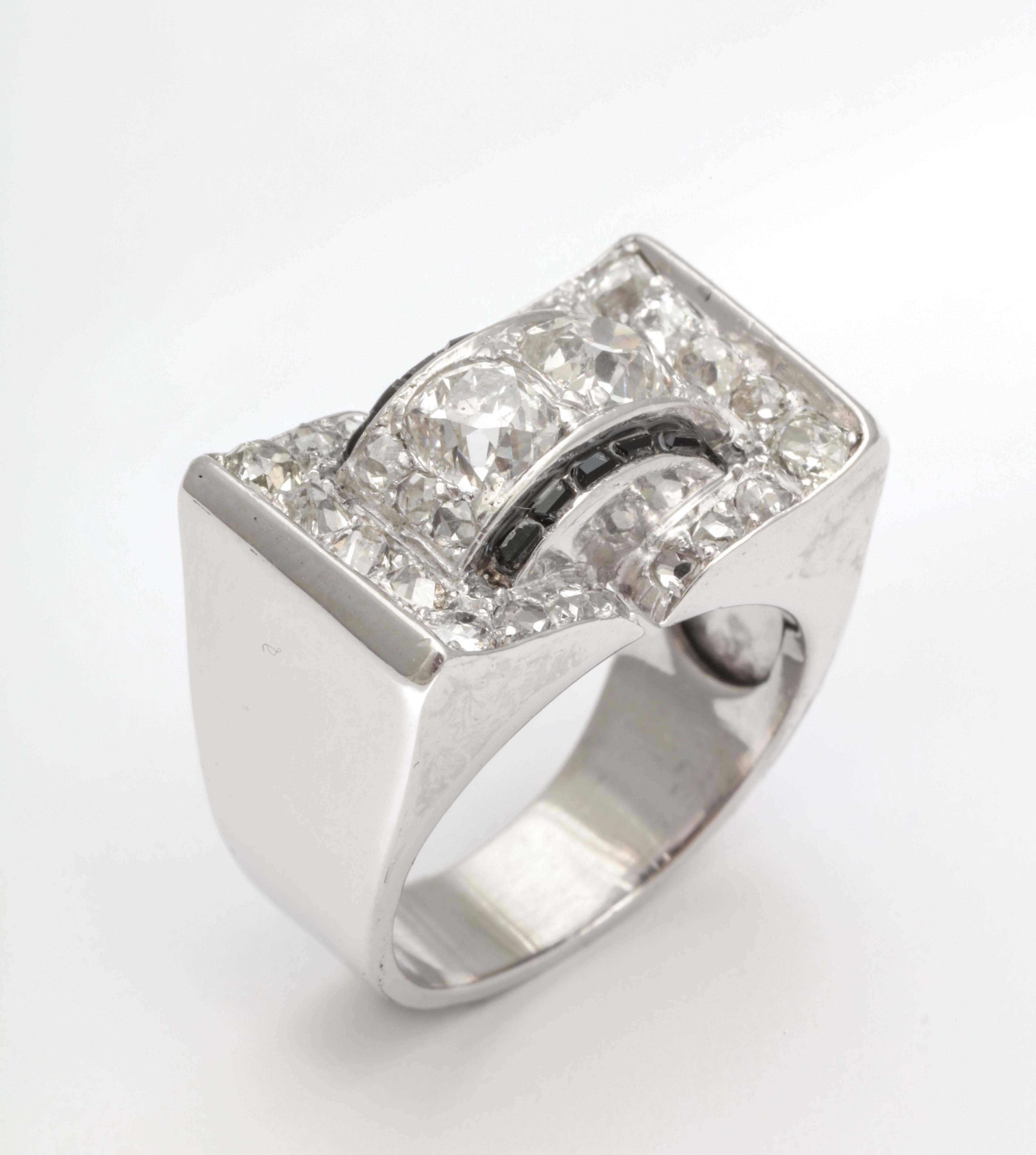 Women's Retro Diamond and Onyx White Gold Ring For Sale