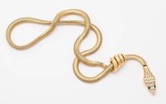 Rare Gold Snake Necklace with Diamond and Emerald Encrusted Head