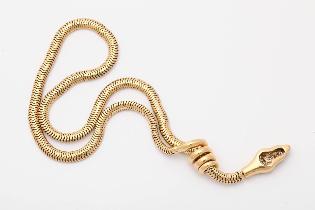 Classical Roman Rare Gold Snake Necklace with Diamond and Emerald Encrusted Head