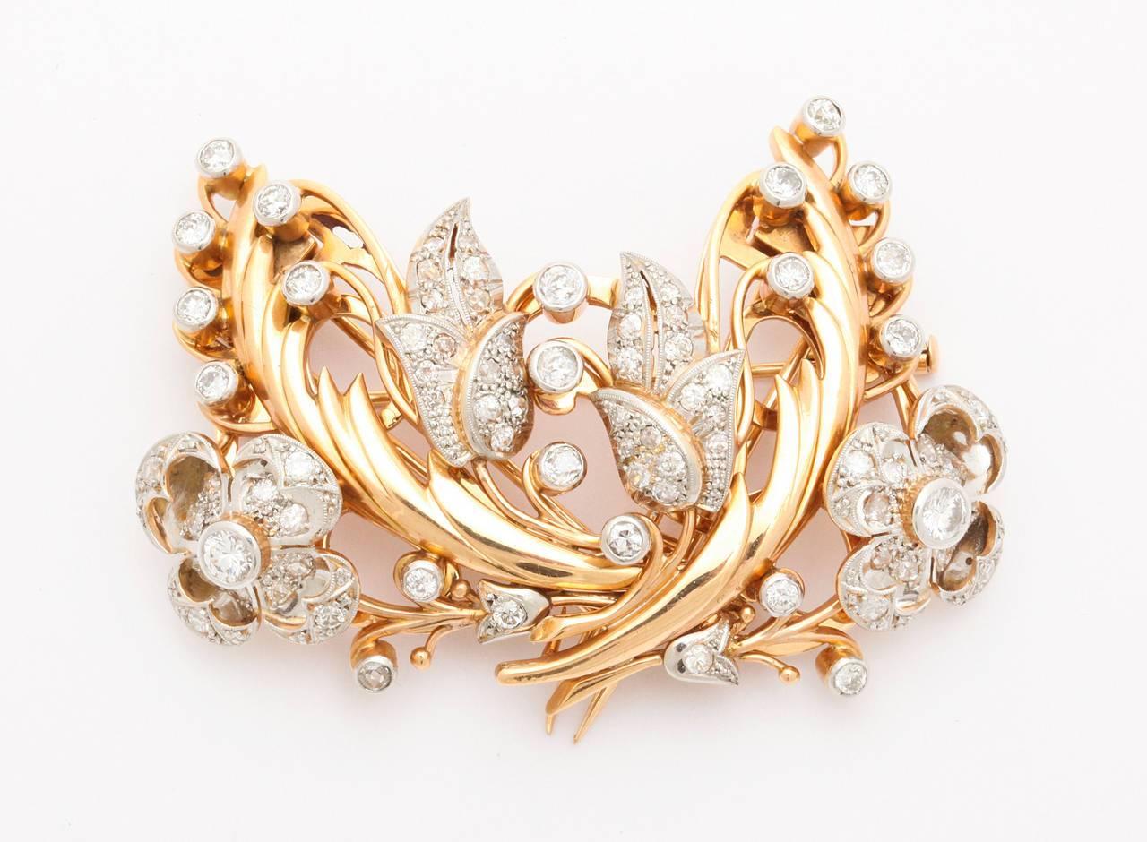 French Retro Diamond and Gold Clip or Brooch In Excellent Condition In New York, NY