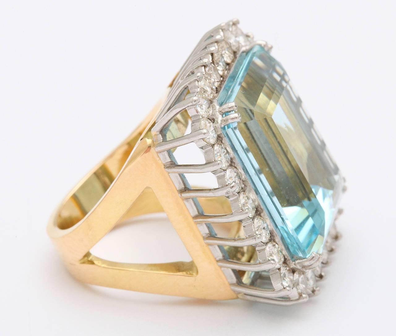 A fantastic 30-carat aquamarine ring surrounded by diamonds and set in platinum and mounted on 18-karat gold. 