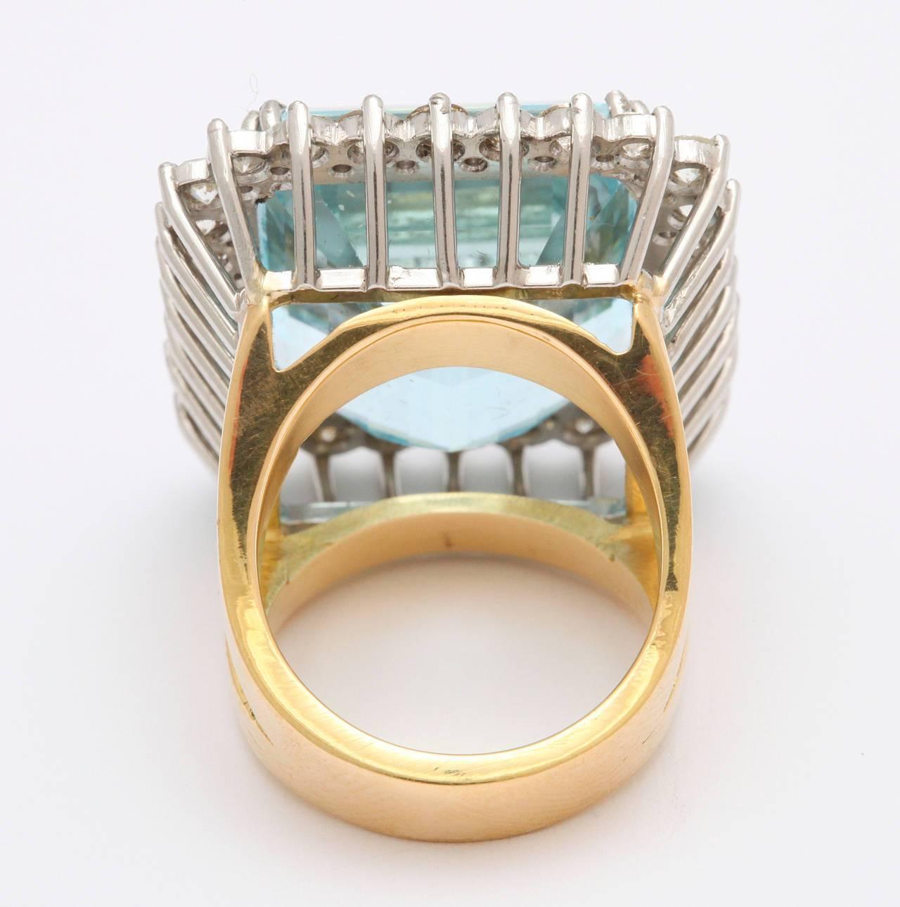 Retro Large Aquamarine and Diamond Platinum and Gold Ring For Sale