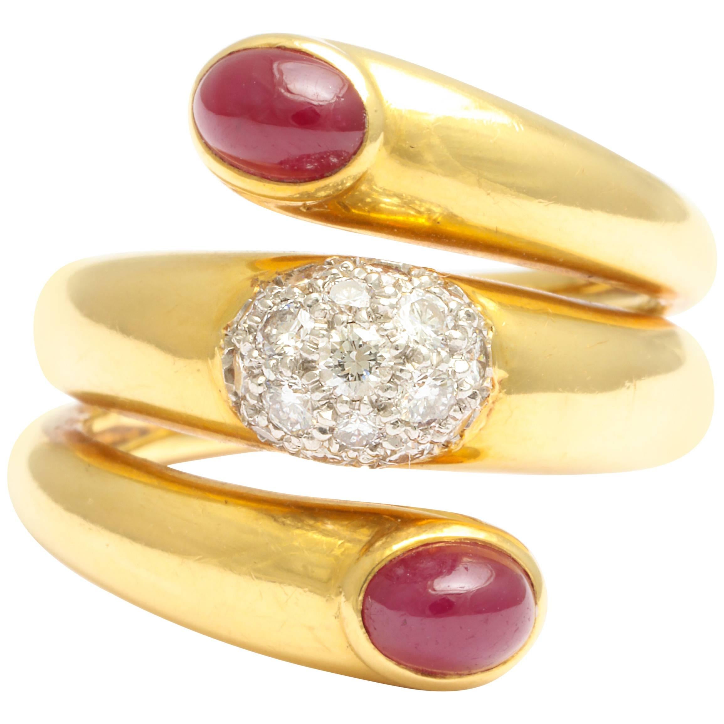 Art Deco Double Ruby and Diamond Snake Style Ring